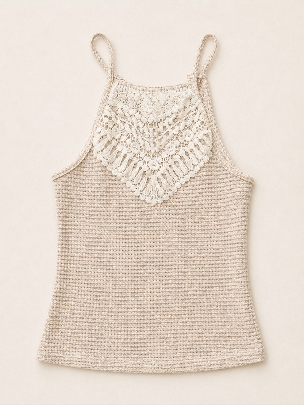 Women’s Crochet Lace-Trim Tank Top in Cream and Oatmeal / Boho Inspired Halter